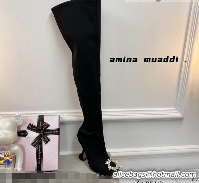 Best Price Amina Muaddi Lycra Over-Knee High Boots 9.5cm with Crystal Charm 111223 Black