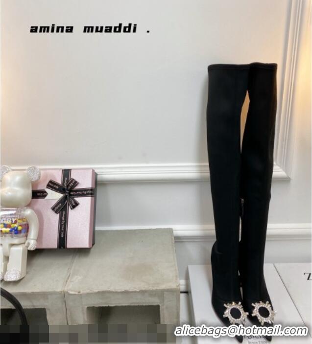 Best Price Amina Muaddi Lycra Over-Knee High Boots 9.5cm with Crystal Charm 111223 Black