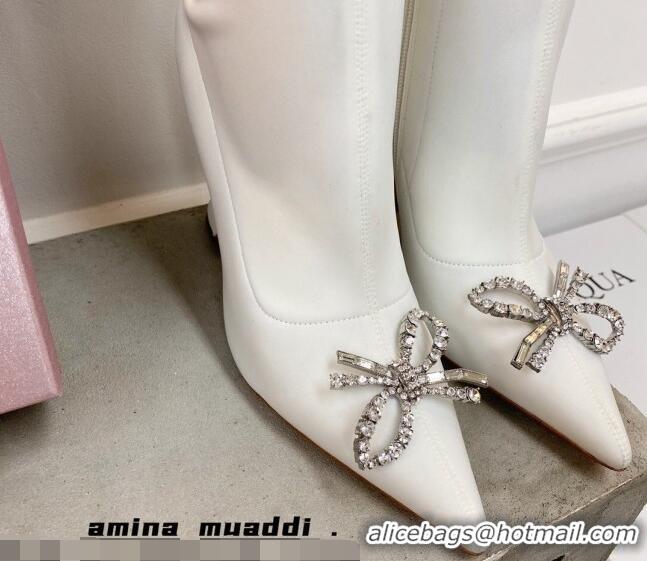 Stylish Amina Muaddi Lycra Over-Knee High Boots 9.5cm with Crystal Bow 111226 White