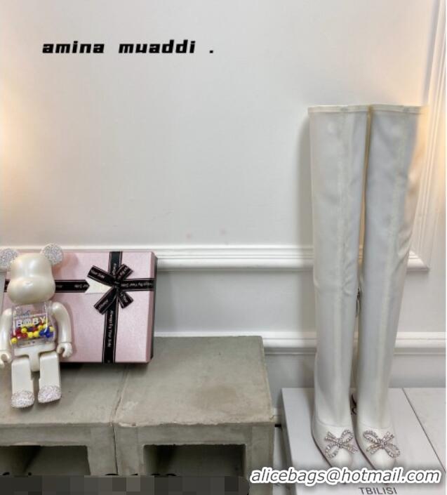 Stylish Amina Muaddi Lycra Over-Knee High Boots 9.5cm with Crystal Bow 111226 White