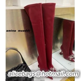 Perfect Amina Muaddi Lycra Over-Knee High Boots 9.5cm with Crystal Bow 111226 Red