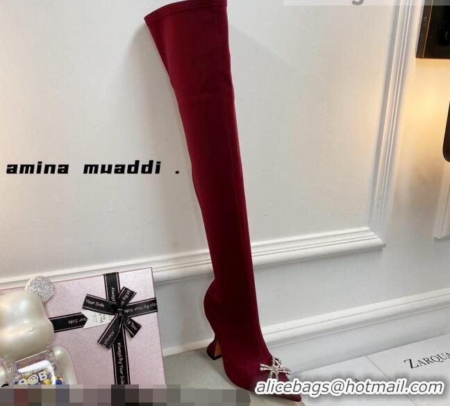 Perfect Amina Muaddi Lycra Over-Knee High Boots 9.5cm with Crystal Bow 111226 Red