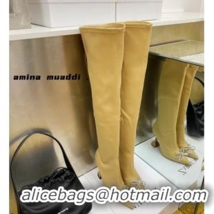 Sophisticated Amina Muaddi Lycra Over-Knee High Boots 9.5cm with Crystal Bow 111226 Yellow