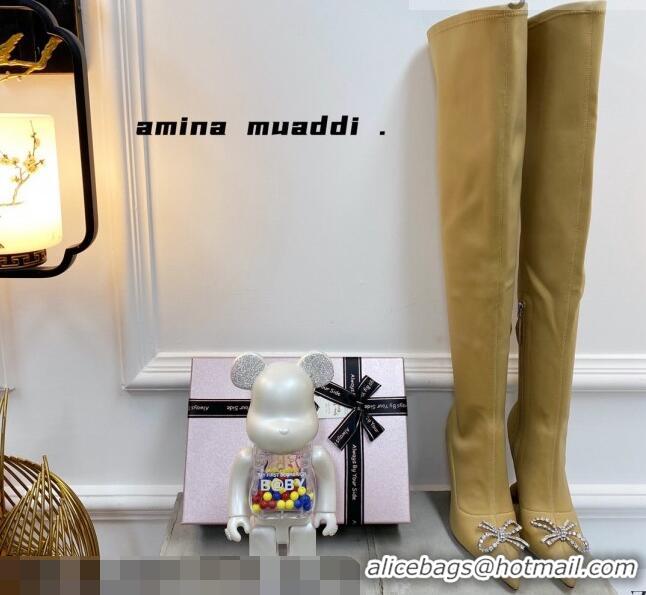 Sophisticated Amina Muaddi Lycra Over-Knee High Boots 9.5cm with Crystal Bow 111226 Yellow