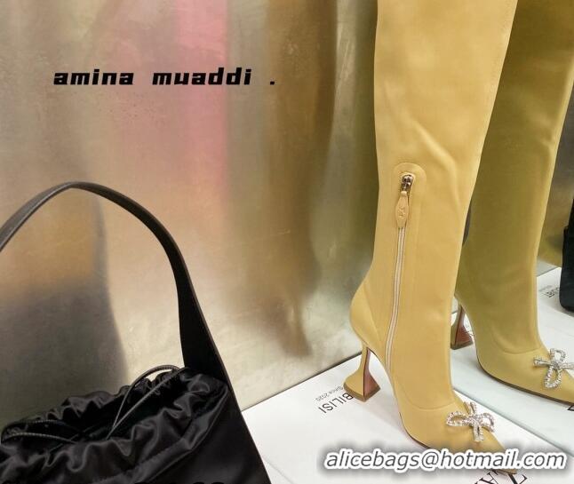 Sophisticated Amina Muaddi Lycra Over-Knee High Boots 9.5cm with Crystal Bow 111226 Yellow