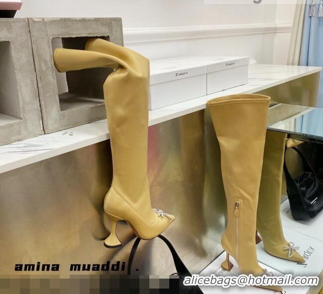 Sophisticated Amina Muaddi Lycra Over-Knee High Boots 9.5cm with Crystal Bow 111226 Yellow