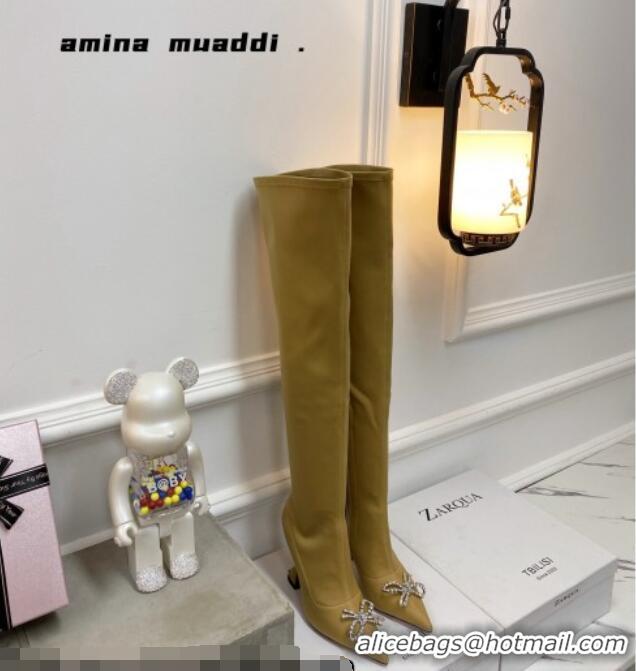 Sophisticated Amina Muaddi Lycra Over-Knee High Boots 9.5cm with Crystal Bow 111226 Yellow