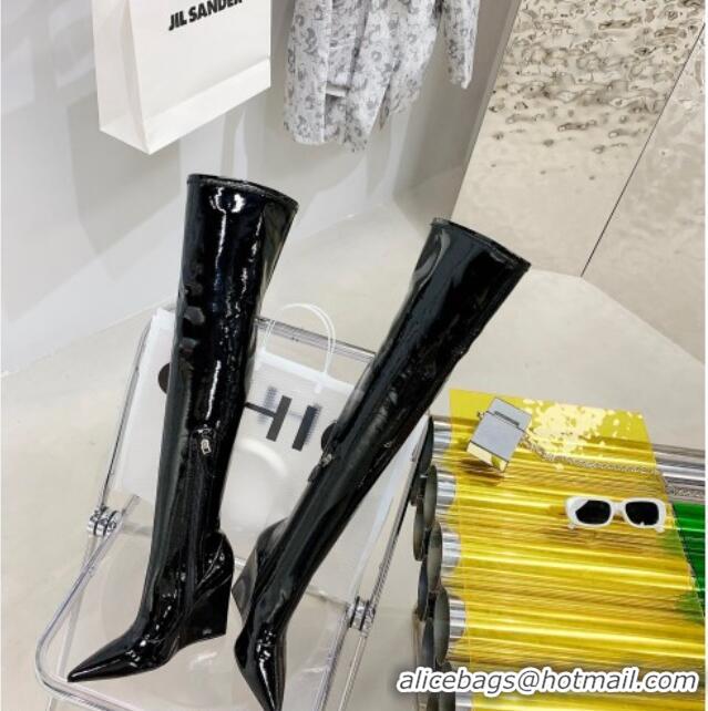 Low Cost Amina Muaddi Patent Leather Wedge 9.5cm High Boots 112333 Black