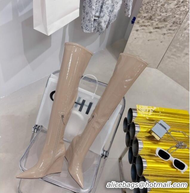 Discount Amina Muaddi Patent Leather Wedge 9.5cm High Boots 112333 Beige