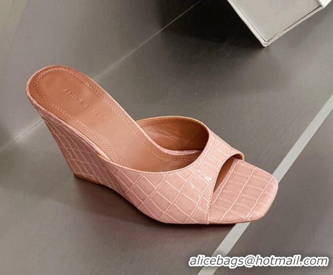 Low Cost Amina Muaddi Stone Embossed Leather Wedge Sandals 9.5cm 121310 Light Pink