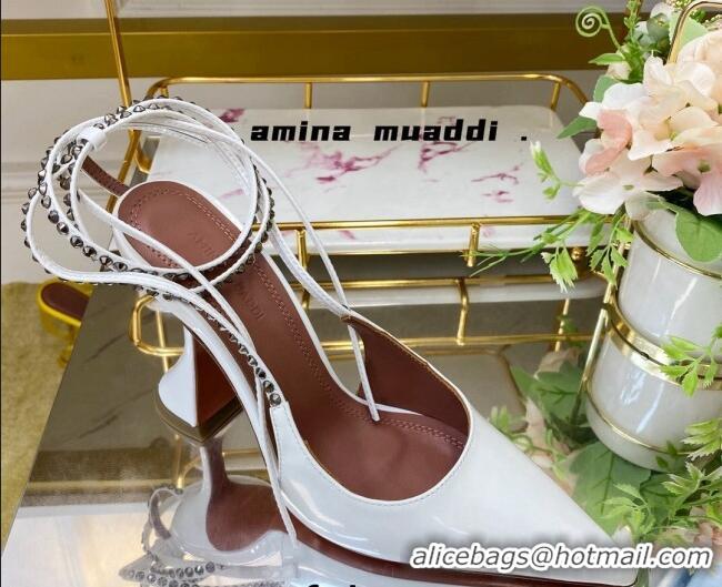 Top Design Amina Muaddi Patent Leather Studded Wrap Sandals 9.5cm 121314 White