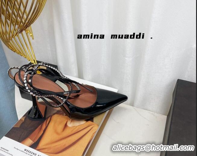 Top Grade Amina Muaddi Patent Leather Studded Wrap Sandals 9.5cm 121314 Black