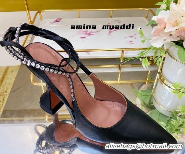 Shop Duplicate Amina Muaddi Lambskin Studded Wrap Sandals 9.5cm 121315 Black