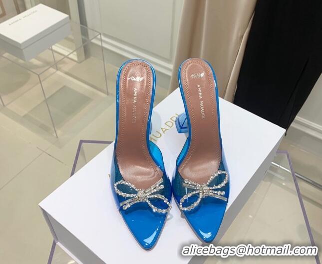 Best Luxury Amina Muaddi TPU Pointed Slide Sandals with Crystal Bow 9.5cm 122051 Blue