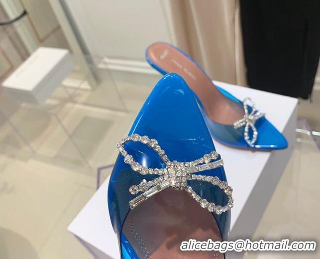 Best Luxury Amina Muaddi TPU Pointed Slide Sandals with Crystal Bow 9.5cm 122051 Blue