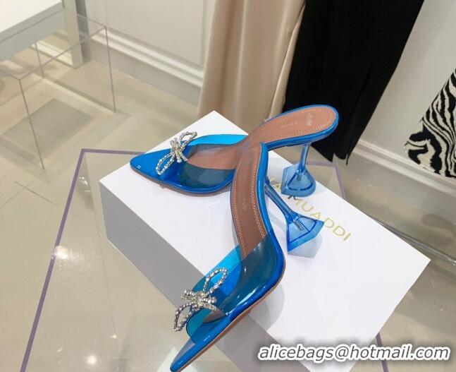 Best Luxury Amina Muaddi TPU Pointed Slide Sandals with Crystal Bow 9.5cm 122051 Blue