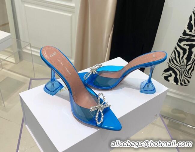 Best Luxury Amina Muaddi TPU Pointed Slide Sandals with Crystal Bow 9.5cm 122051 Blue