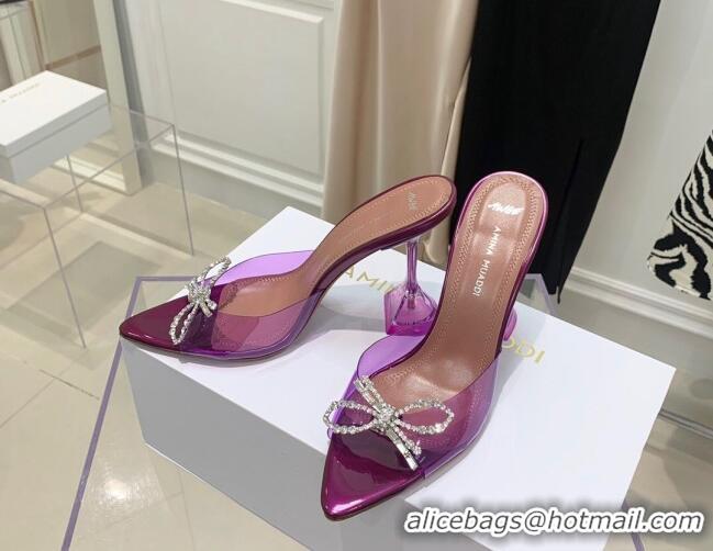 Best Quality Amina Muaddi TPU Pointed Slide Sandals with Crystal Bow 9.5cm 122051 Purple