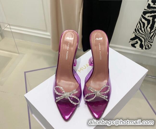 Best Quality Amina Muaddi TPU Pointed Slide Sandals with Crystal Bow 9.5cm 122051 Purple