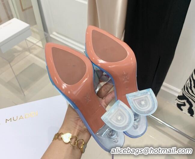 Discount Design Amina Muaddi TPU Pointed Slide Sandals with Crystal Bow 9.5cm 122051 Light Blue