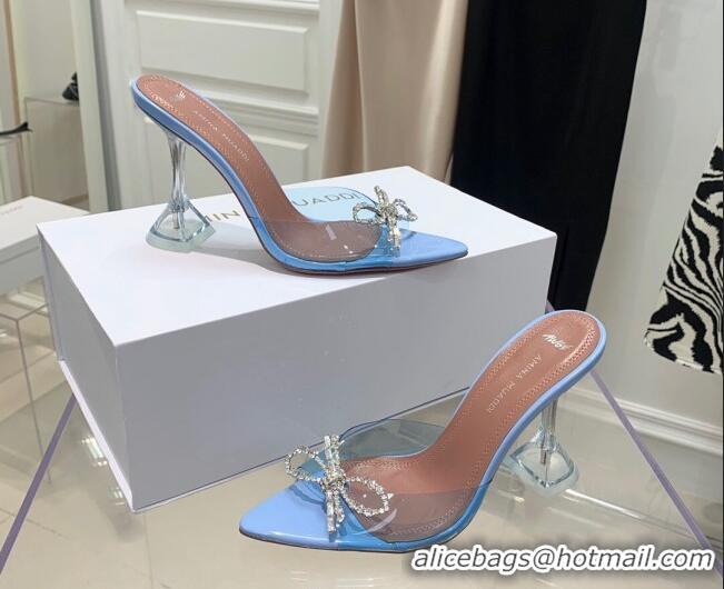 Discount Design Amina Muaddi TPU Pointed Slide Sandals with Crystal Bow 9.5cm 122051 Light Blue