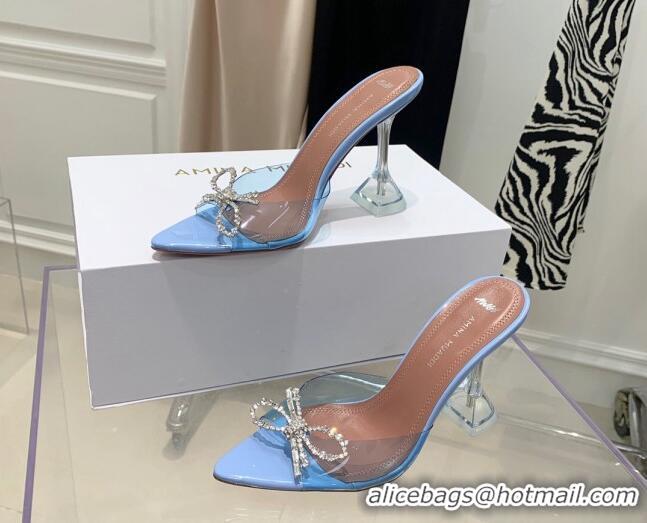 Discount Design Amina Muaddi TPU Pointed Slide Sandals with Crystal Bow 9.5cm 122051 Light Blue