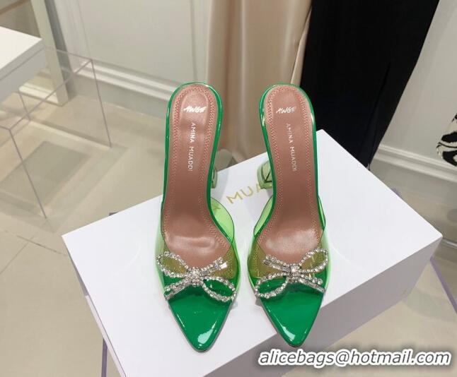 Best Price Amina Muaddi TPU Pointed Slide Sandals with Crystal Bow 9.5cm 122051 Green