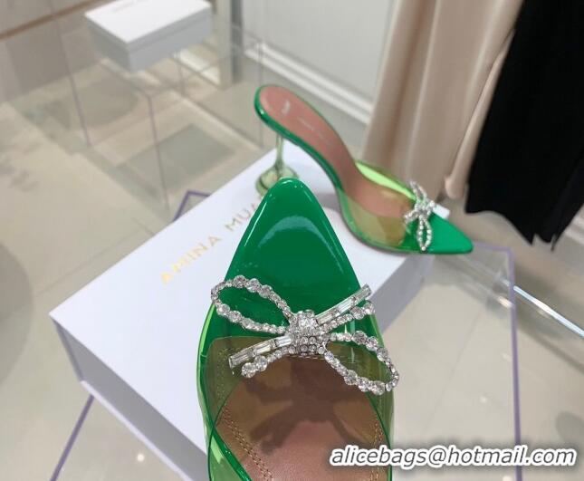 Best Price Amina Muaddi TPU Pointed Slide Sandals with Crystal Bow 9.5cm 122051 Green