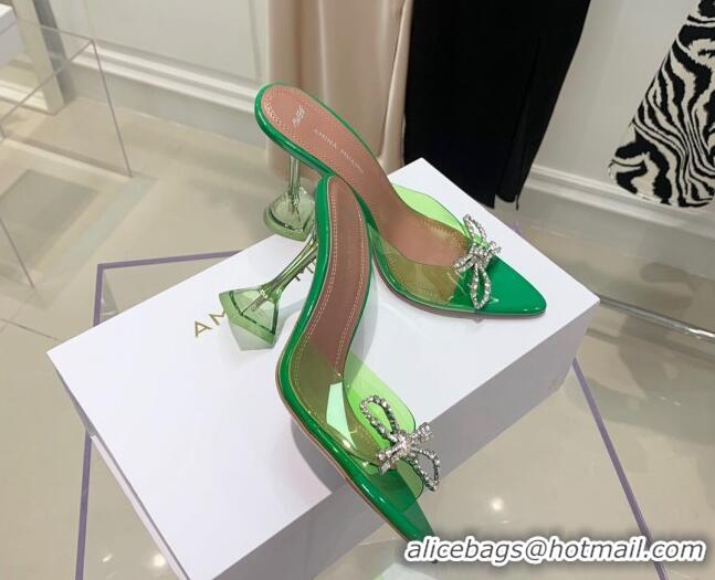 Best Price Amina Muaddi TPU Pointed Slide Sandals with Crystal Bow 9.5cm 122051 Green