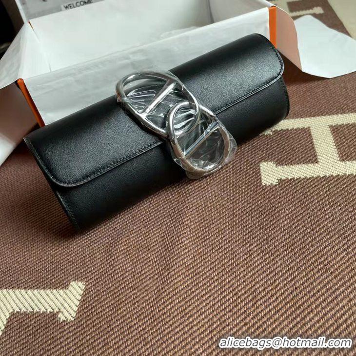 Top Quality Hermes Original swift Leather Clutch 36999 Black Silver