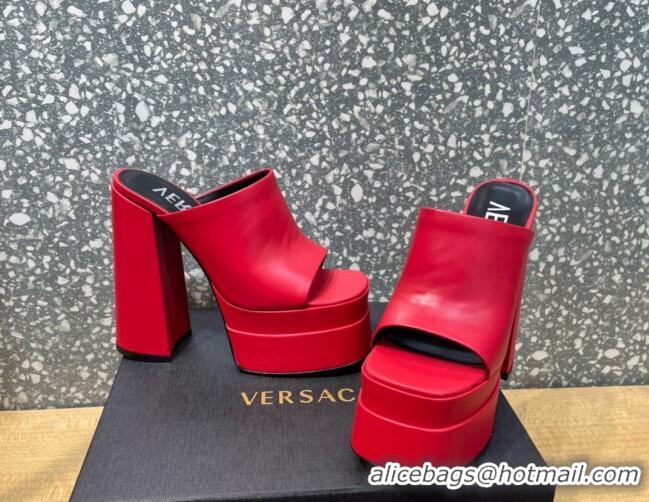 Stylish Versace Calfskin Platform Slide Sandals 15.5cm 011321 Red