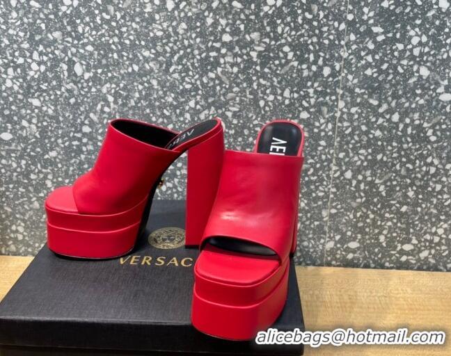 Stylish Versace Calfskin Platform Slide Sandals 15.5cm 011321 Red