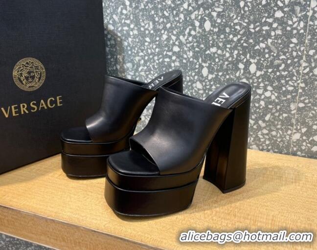 Hot Style Versace Calfskin Platform Slide Sandals 15.5cm 011321 Black