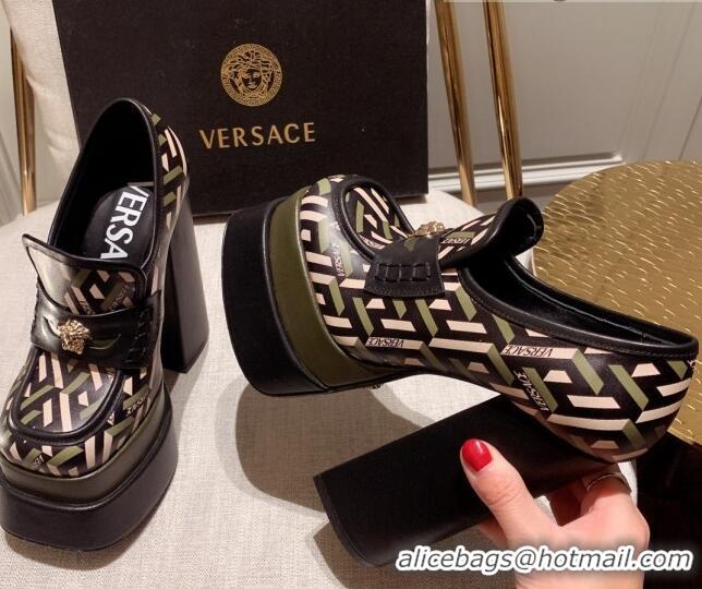 Cute Versace Intrico Print Calfskin High Heel Platform Loafers Pumps 15.5cm 011342