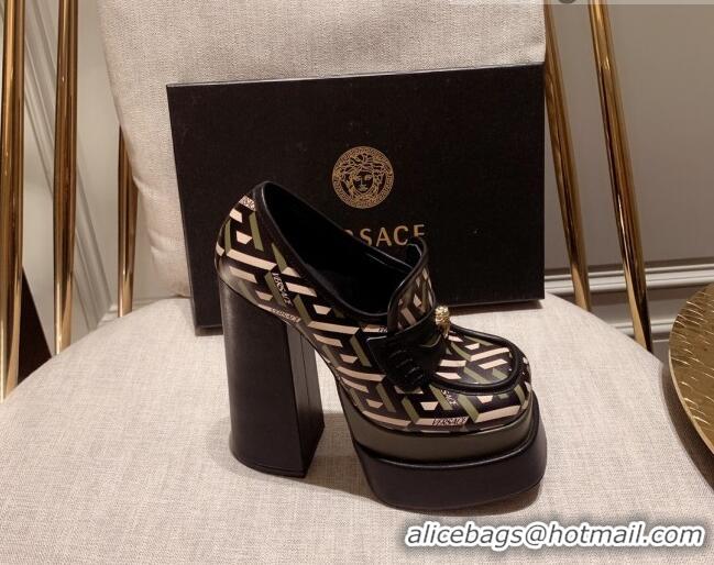 Cute Versace Intrico Print Calfskin High Heel Platform Loafers Pumps 15.5cm 011342