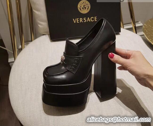 Best Luxury Versace Intrico High Heel Platform Loafers Pumps 15.5cm 011342 Black