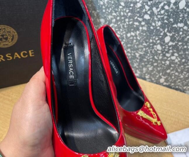 Best Product Versace Virtus Patent Leather Plarform Pumps 14.5cm 011348 Red