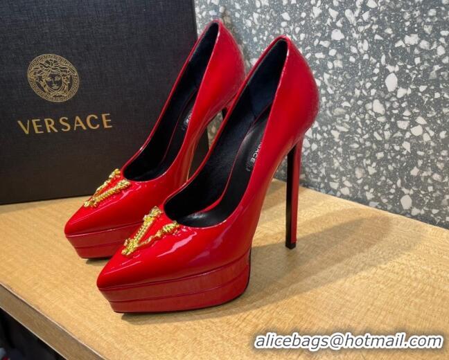 Best Product Versace Virtus Patent Leather Plarform Pumps 14.5cm 011348 Red