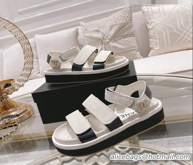 Top Quality Chanel Suede Strap Flat Sandals C1420 White 2022