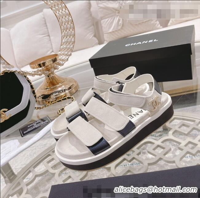 Top Quality Chanel Suede Strap Flat Sandals C1420 White 2022