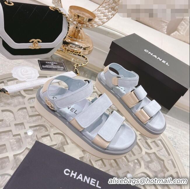 Famous Brand Chanel Suede Strap Flat Sandals C1420 Dusty Blue 2022