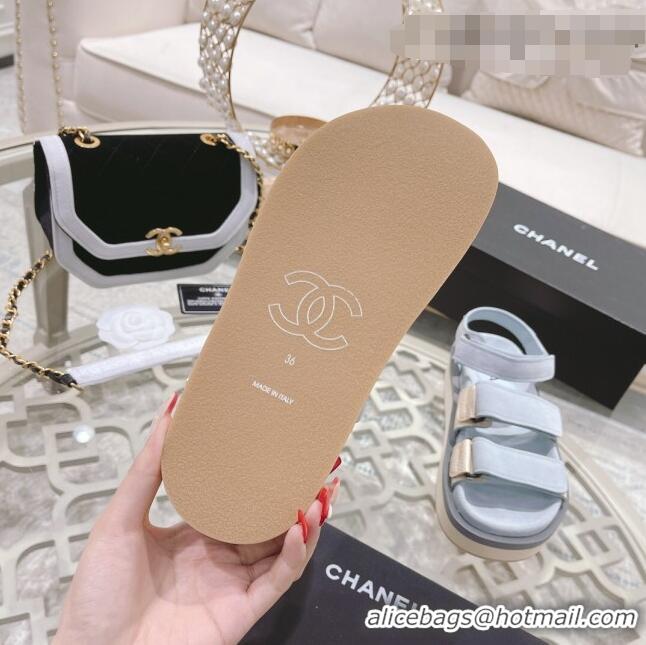 Famous Brand Chanel Suede Strap Flat Sandals C1420 Dusty Blue 2022