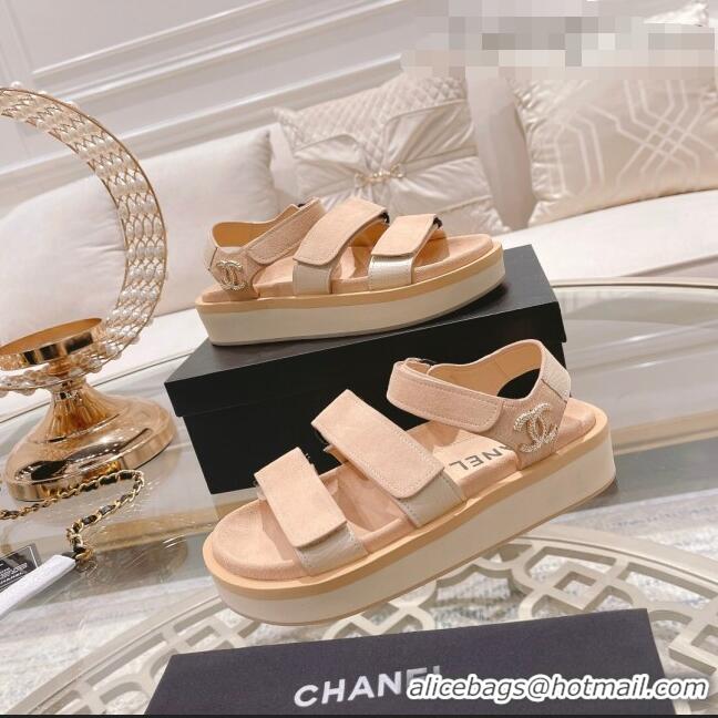 Top Quality Chanel Suede Strap Flat Sandals C1420 Apricot 2022