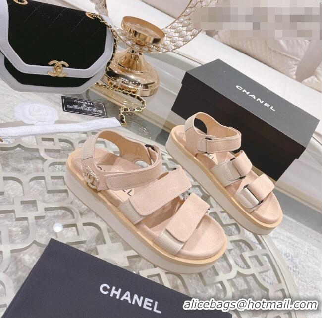 Top Quality Chanel Suede Strap Flat Sandals C1420 Apricot 2022