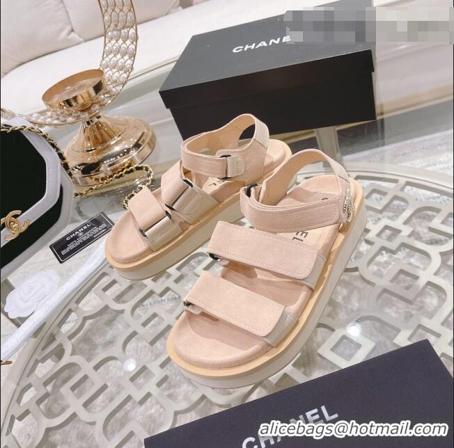 Top Quality Chanel Suede Strap Flat Sandals C1420 Apricot 2022