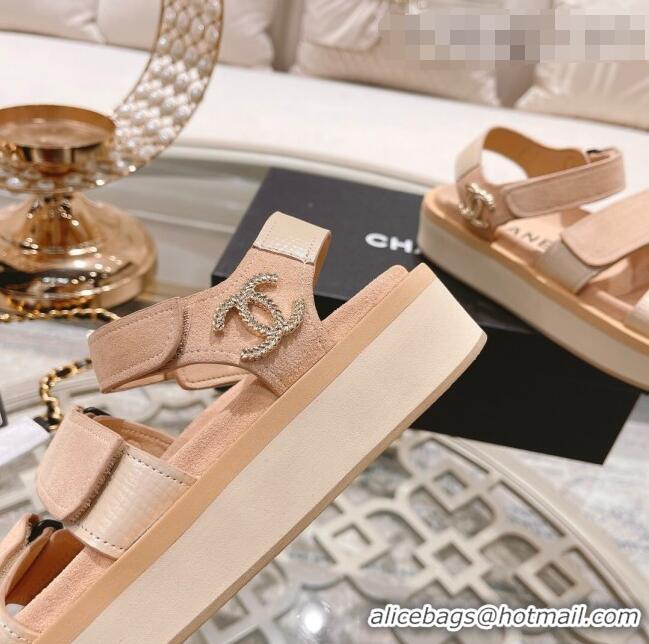 Top Quality Chanel Suede Strap Flat Sandals C1420 Apricot 2022