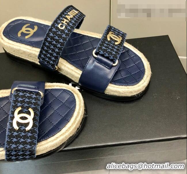 New Style Chanel Houndstooth Slide Sandals C21424 Navy Blue 2022