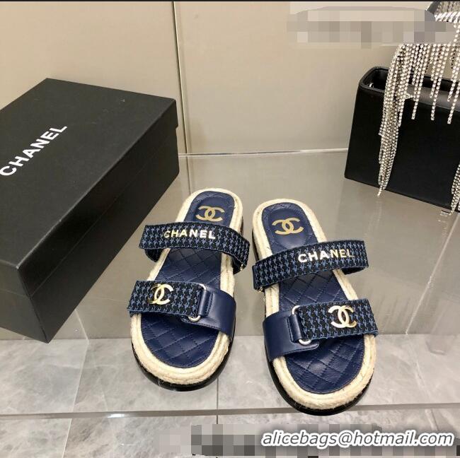 New Style Chanel Houndstooth Slide Sandals C21424 Navy Blue 2022