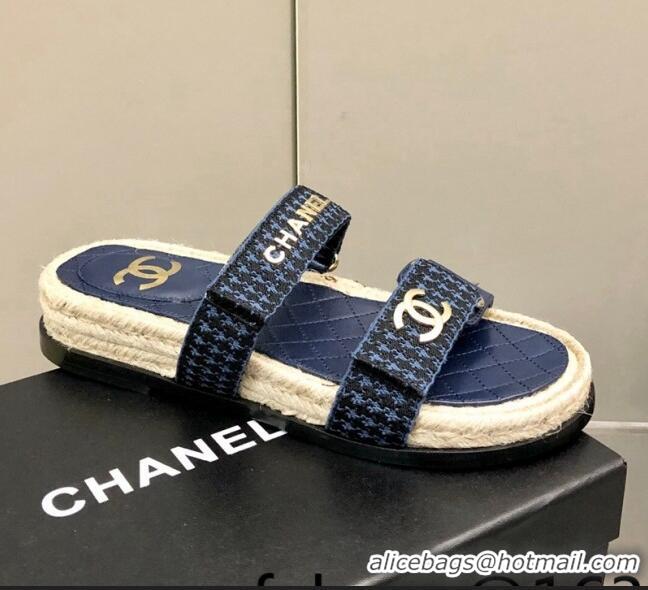 New Style Chanel Houndstooth Slide Sandals C21424 Navy Blue 2022