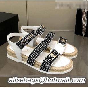 Luxury Cheap Chanel Houndstooth Strap Flat Sandals C2142 Black/White 2022